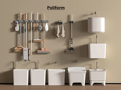 White Bathroom Accessories With Wall Mounted Storage And Organized Cleaning Tools 3d model