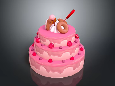 Three Tiered Pink Frosting Cake With Donut Red Decoration And Strawberry Shaped Toppings 3d model