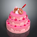 Three Tiered Pink Frosting Cake With Donut Red Decoration And Strawberry Shaped Toppings