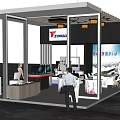 Modern Exhibition Booth With SUNRISE Logo Workstations People And Display Area