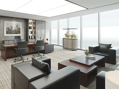 Modern Spacious Office Interior Design With Large Windows Sofa Desk And Green Plants 3d model