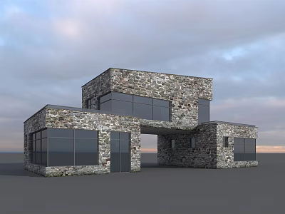 Modern Detached Villa With Stone Exterior And Large Glass Windows Contemporary Design 3d model