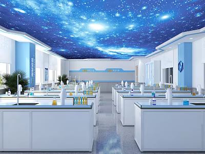 Spacious Modern School Laboratory With Starry Sky Ceiling Lab Tables White Cabinets And Plants 3d model