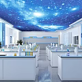 Spacious Modern School Laboratory With Starry Sky Ceiling Lab Tables White Cabinets And Plants