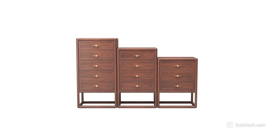 Set of Three Brown Wooden Chest of Drawers with Gold Handles and Sturdy Legs 3d model 