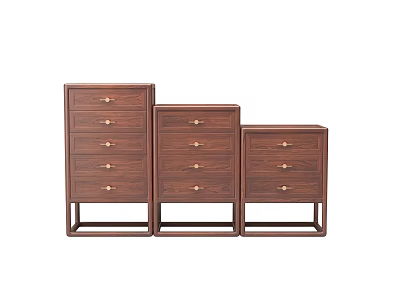 Set of Three Brown Wooden Chest of Drawers with Gold Handles and Sturdy Legs 3d model