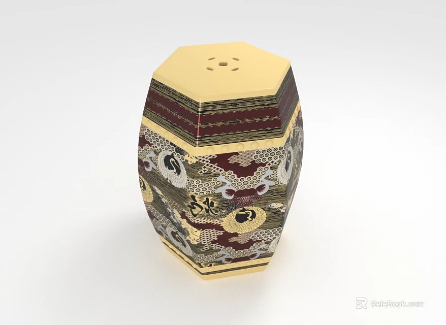 Decorative Octagonal Stool With Intricate Gold Red And White Patterns 3d model 