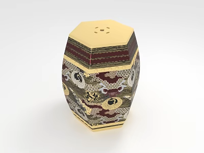 Decorative Octagonal Stool With Intricate Gold Red And White Patterns 3d model