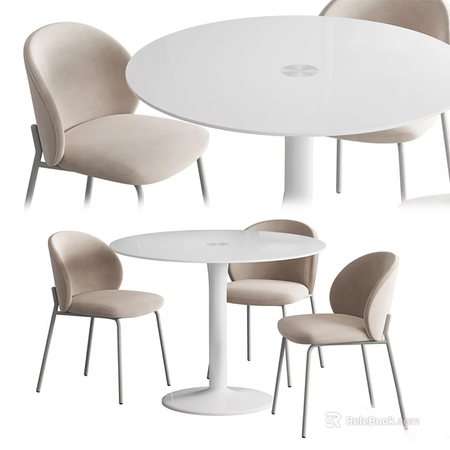 Stylish Modern Round White Dining Table Set With Beige Upholstered Chairs 3d model