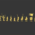 Golden Knight Themed Decorative Figurines With Various Poses Arranged On Black Reflective Surface
