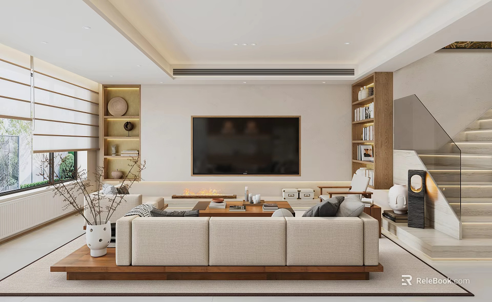 Modern Living Room Interior Design With Cream Sofa TV Wall And Wooden Bookshelves 3d model 