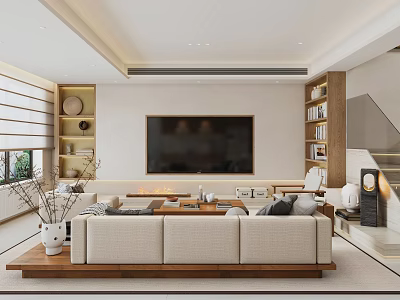 Modern Living Room Interior Design With Cream Sofa TV Wall And Wooden Bookshelves 3d model
