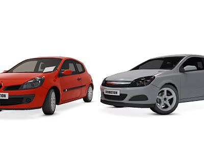 Red And Gray Hatchback Cars Parked Side By Side On White Background 3d model