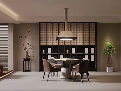 Hotel Mahjong Room Interior With Modern Lattice Background Pendant Lamp Round Table And Chairs 3d model