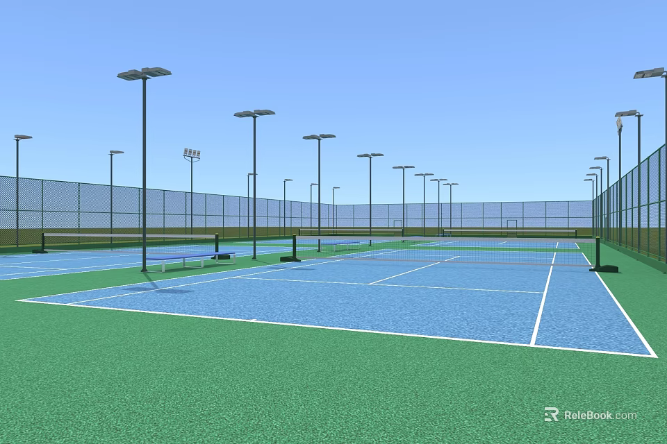 Outdoor Tennis Courts With Green And Blue Surface And Surrounding Fences Light Poles 3d model 