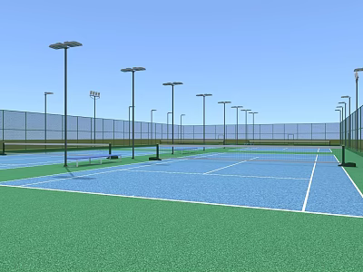 Outdoor Tennis Courts With Green And Blue Surface And Surrounding Fences Light Poles 3d model