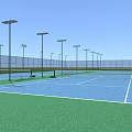 Outdoor Tennis Courts With Green And Blue Surface And Surrounding Fences Light Poles
