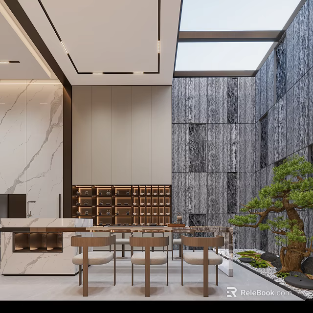 Duplex Living Room Interior Design With Skylight Wooden Wall Panel Dining Table And Potted Pine Tree 3d model