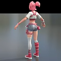 Game and Movie Character With Pink Hair White Top Red Heart Denim Shorts Red Boots