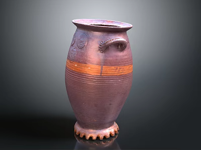 Hand Carved Brown Pottery Sculpture With Decorative Patterns Handle Orange Stripes And Claw Like Base 3d model