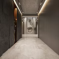Modern Elevator Hallway Interior With Marble Floor Dark Walls And Decorative Artwork 3d model