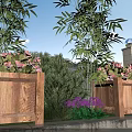 Tranquil Garden Landscape With Wooden Planters Pink Flowers Bamboo And Purple Blooms