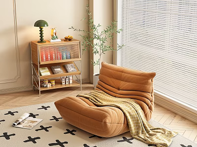 Brown Bean Bag Chair With Cozy Blanket Near Small Cabinet Green Plant And Window Blinds 3d model