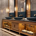 SPA Sauna Interior Design With Wooden Ceiling Marble Walls Mirrors Wooden Vanity And Double Sinks
