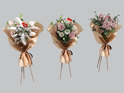 Beautiful Flower Bouquets With Colorful Blooms Wrapped In Kraft Paper And Decorative Ribbons 3d model
