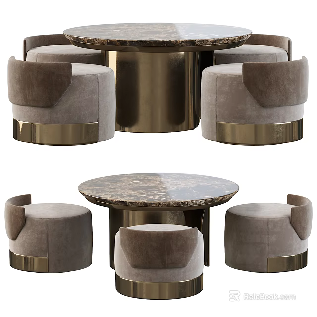 Modern Leisure Sofa Set With Gray Fabric Brass Base And Round Marble Table 3d model 