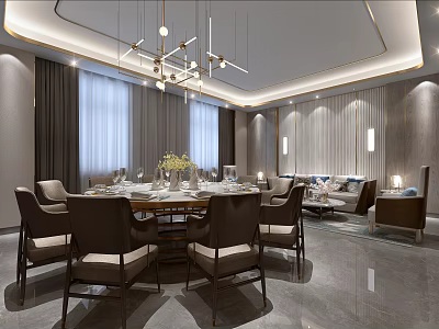 Elegant Modern Private Dining Room Interior With Dining Table Chairs Chandelier And Sofa 3d model