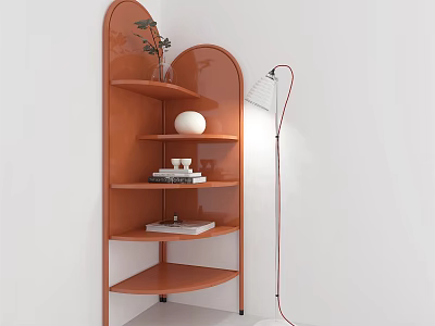 Modern Orange Arched Bookshelf With Multiple Shelves Plant White Decor Books And Floor Lamp 3d model