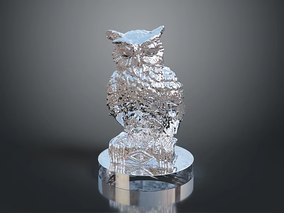 Silver Metallic Owl Sculpture With Intricate Carved Details And Decorative Base 3d model