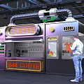 Coffee Display Shelves With Modern Design Digital Screen Buttons And People Interacting