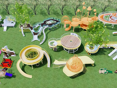Colorful Outdoor Playground Equipment With Slides Circular Structures And Trees On Green Lawn 3d model