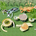 Colorful Outdoor Playground Equipment With Slides Circular Structures And Trees On Green Lawn