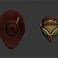Brown Wide Brim Hat With Feather And Leather Helmet With Green Goggles For Daily Use