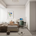 Modern Bedroom Interior Design With Bed Decorative Painting Chandelier Curtains And Soft Rug