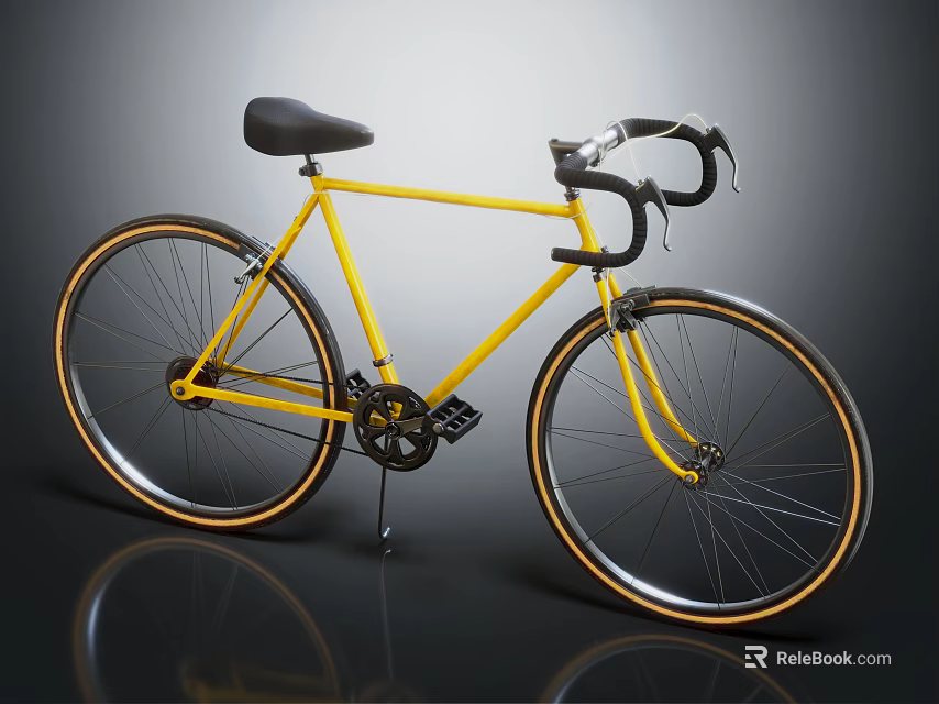 Modern Yellow Bicycle With Black Seat Handlebar And Orange Rimmed Wheels 3d model 
