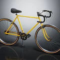 Modern Yellow Bicycle With Black Seat Handlebar And Orange Rimmed Wheels