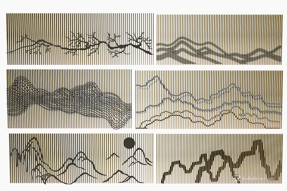 Decorative Feature Wall Designs With Linear Patterns Mountain Waves And Branch Motifs 3d model
