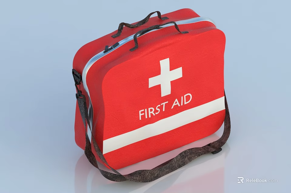 Red Medical First Aid Kit with White Cross First Aid Label and Emergency Strap 3d model 