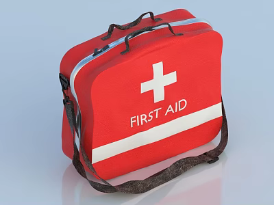 Red Medical First Aid Kit with White Cross First Aid Label and Emergency Strap 3d model