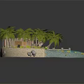 Cartoon Scene Of Tropical Island With Palm Trees Wooden Hut Wooden Dock And Blue Water