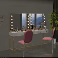 Elegant Gold Frame Dressing Table With Lighted Mirror Pink Chairs White Top And Cosmetics