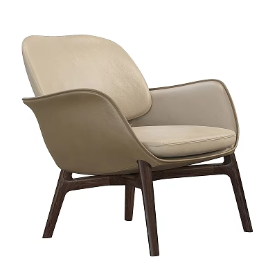 Modern Beige Leather Leisure Chair With Curved Armrest And Wooden Legs 3d model