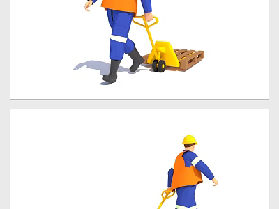 A Man Wearing Orange Vest and Yellow Helmet Operating Pallet Truck with Pallet in Warehouse 3d model
