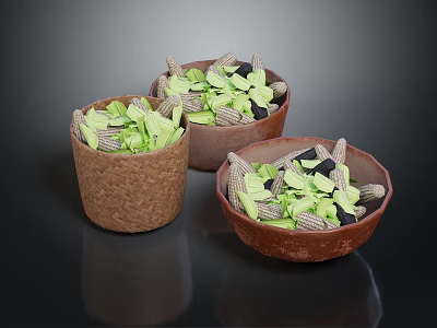 Handwoven Baskets And Ceramic Bowls With Green Leaves And Seeds For Home Daily Use 3d model