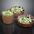 Handwoven Baskets And Ceramic Bowls With Green Leaves And Seeds For Home Daily Use