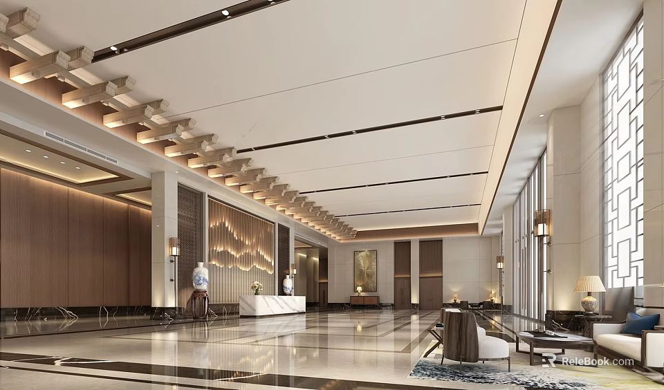 Elegant Hotel Lobby Interior Design With Marble Flooring And Wooden Ceiling Details 3d model 